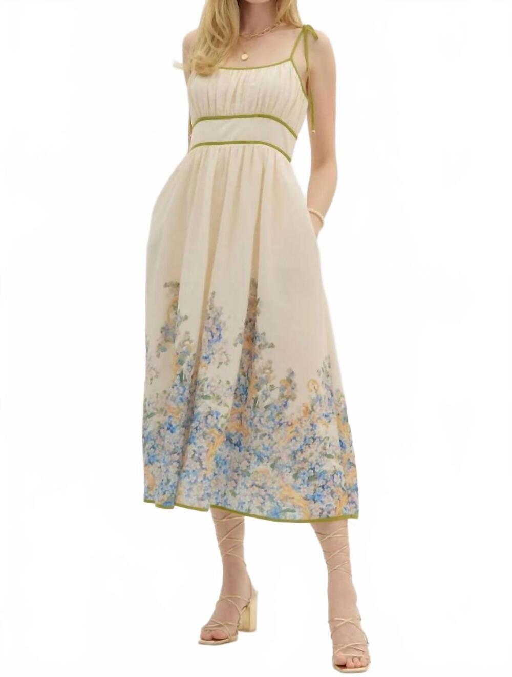 NEW ENTRO floral print midi dress in beige multi